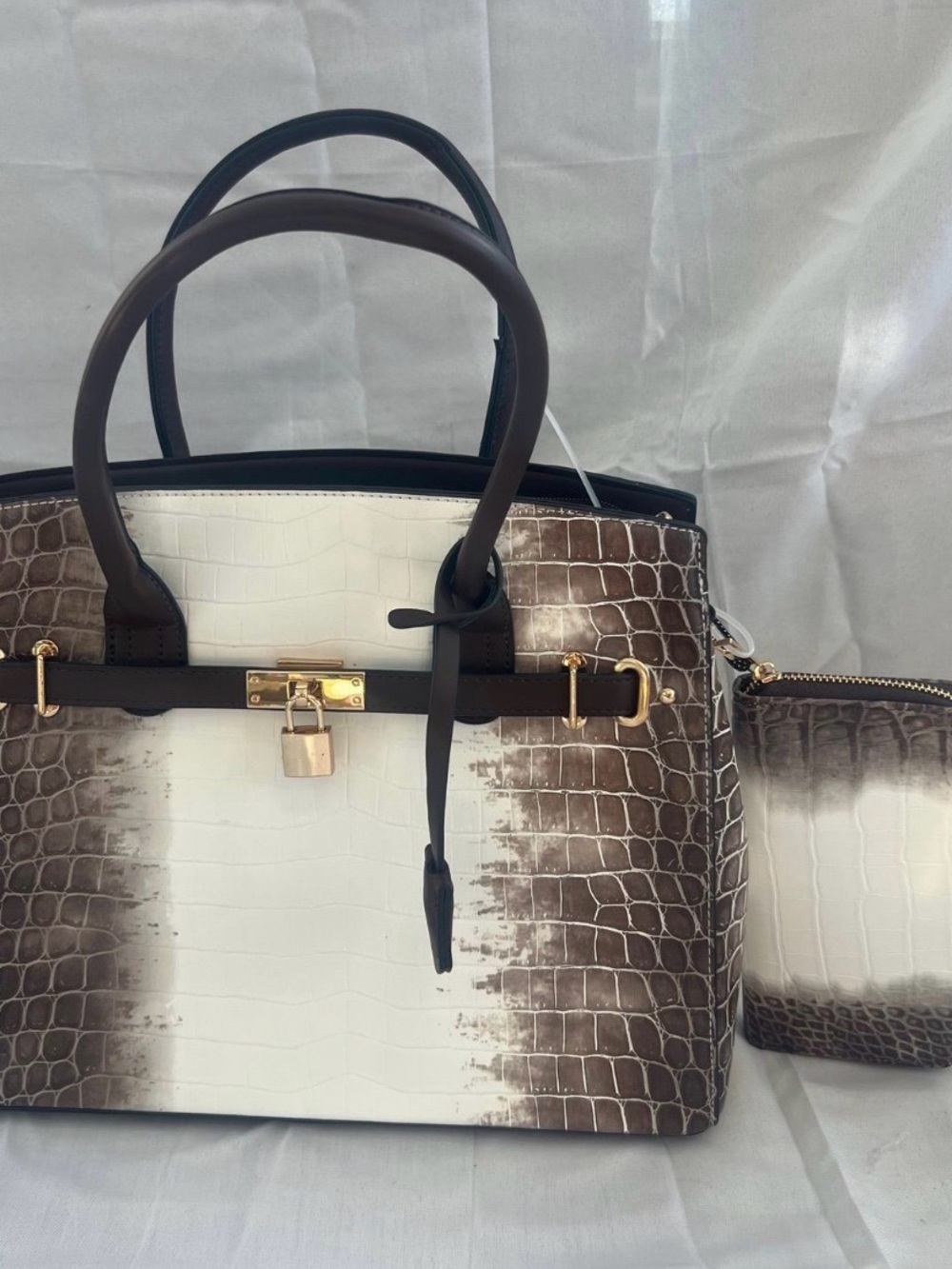 Designer-Inspired Brown and White Croc-Embossed Satchel with Gold Hardware